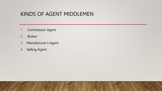 KINDS OF AGENT MIDDLEMEN
1. Commission Agent
2. Broker
3. Manufacturer’s Agent
4. Selling Agent
 