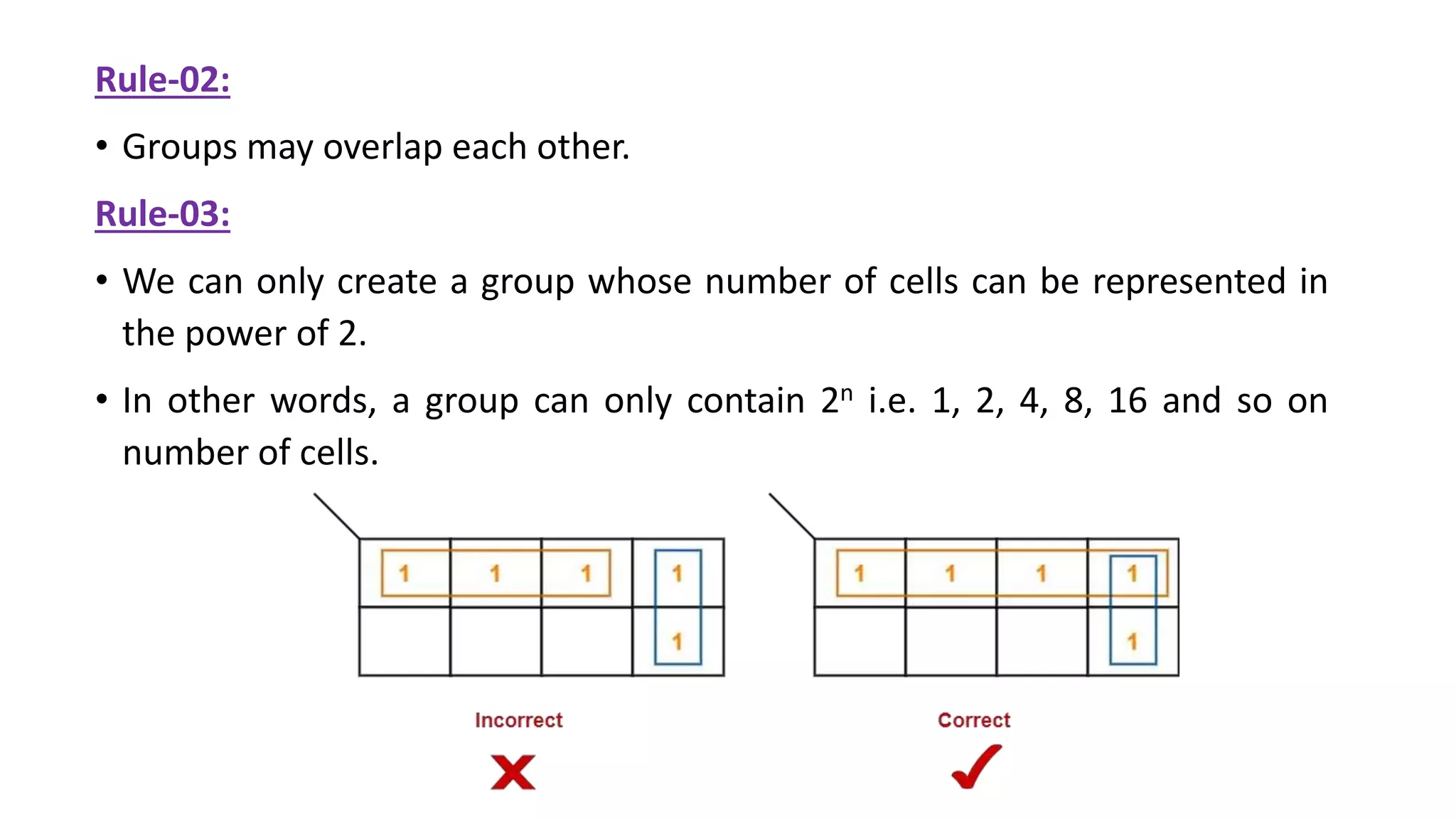 Rule-02:
• Groups may overlap each other.
Rule-03:
• We can only create a group whose number of cells can be represented in
the power of 2.
• In other words, a group can only contain 2n i.e. 1, 2, 4, 8, 16 and so on
number of cells.
 