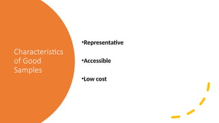 Characteristics
of Good
Samples
•Representative
•Accessible
•Low cost
 
