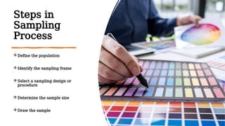 Steps in
Sampling
Process
Define the population
Identify the sampling frame
Select a sampling design or
procedure
Determine the sample size
Draw the sample
 