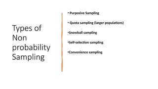 Types of
Non
probability
Sampling
• Purposive Sampling
• Quota sampling (larger populations)
•Snowball sampling
•Self-selection sampling
•Convenience sampling
 