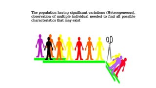 The population having significant variations (Heterogeneous),
observation of multiple individual needed to find all possible
characteristics that may exist
 