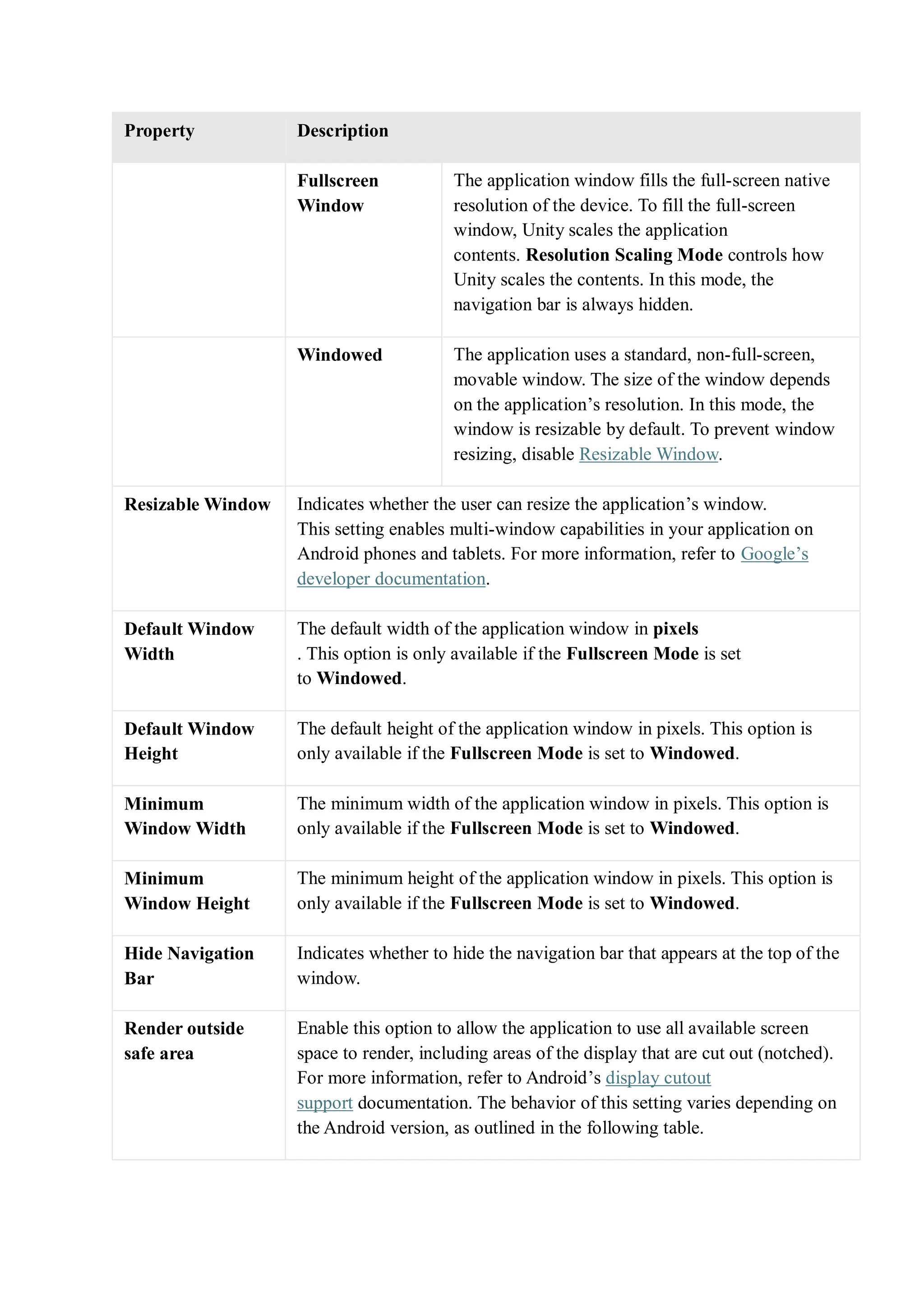 Property Description
Fullscreen
Window
The application window fills the full-screen native
resolution of the device. To fill the full-screen
window, Unity scales the application
contents. Resolution Scaling Mode controls how
Unity scales the contents. In this mode, the
navigation bar is always hidden.
Windowed The application uses a standard, non-full-screen,
movable window. The size of the window depends
on the application’s resolution. In this mode, the
window is resizable by default. To prevent window
resizing, disable Resizable Window.
Resizable Window Indicates whether the user can resize the application’s window.
This setting enables multi-window capabilities in your application on
Android phones and tablets. For more information, refer to Google’s
developer documentation.
Default Window
Width
The default width of the application window in pixels
. This option is only available if the Fullscreen Mode is set
to Windowed.
Default Window
Height
The default height of the application window in pixels. This option is
only available if the Fullscreen Mode is set to Windowed.
Minimum
Window Width
The minimum width of the application window in pixels. This option is
only available if the Fullscreen Mode is set to Windowed.
Minimum
Window Height
The minimum height of the application window in pixels. This option is
only available if the Fullscreen Mode is set to Windowed.
Hide Navigation
Bar
Indicates whether to hide the navigation bar that appears at the top of the
window.
Render outside
safe area
Enable this option to allow the application to use all available screen
space to render, including areas of the display that are cut out (notched).
For more information, refer to Android’s display cutout
support documentation. The behavior of this setting varies depending on
the Android version, as outlined in the following table.
 
