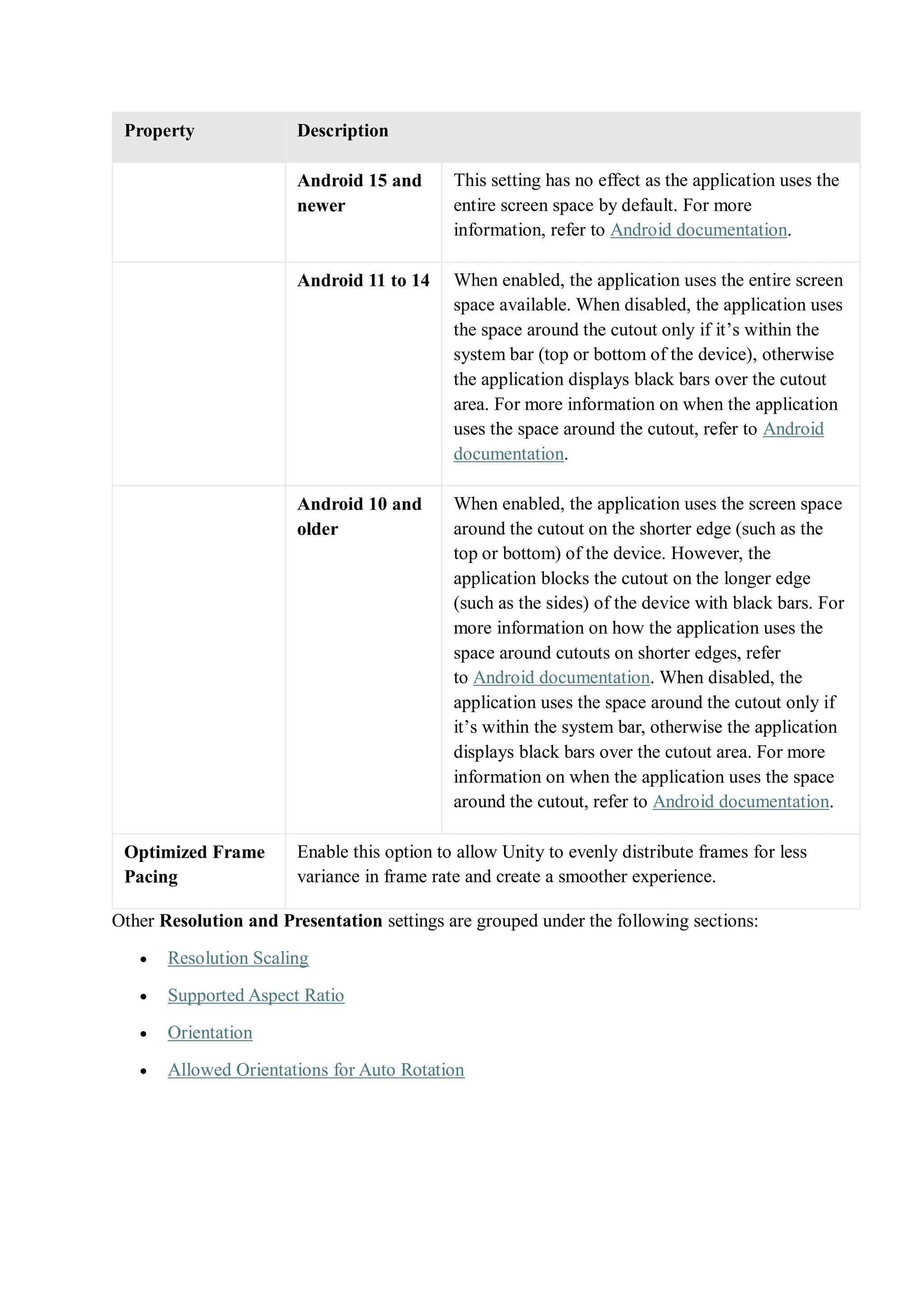 Property Description
Android 15 and
newer
This setting has no effect as the application uses the
entire screen space by default. For more
information, refer to Android documentation.
Android 11 to 14 When enabled, the application uses the entire screen
space available. When disabled, the application uses
the space around the cutout only if it’s within the
system bar (top or bottom of the device), otherwise
the application displays black bars over the cutout
area. For more information on when the application
uses the space around the cutout, refer to Android
documentation.
Android 10 and
older
When enabled, the application uses the screen space
around the cutout on the shorter edge (such as the
top or bottom) of the device. However, the
application blocks the cutout on the longer edge
(such as the sides) of the device with black bars. For
more information on how the application uses the
space around cutouts on shorter edges, refer
to Android documentation. When disabled, the
application uses the space around the cutout only if
it’s within the system bar, otherwise the application
displays black bars over the cutout area. For more
information on when the application uses the space
around the cutout, refer to Android documentation.
Optimized Frame
Pacing
Enable this option to allow Unity to evenly distribute frames for less
variance in frame rate and create a smoother experience.
Other Resolution and Presentation settings are grouped under the following sections:
 Resolution Scaling
 Supported Aspect Ratio
 Orientation
 Allowed Orientations for Auto Rotation
 
