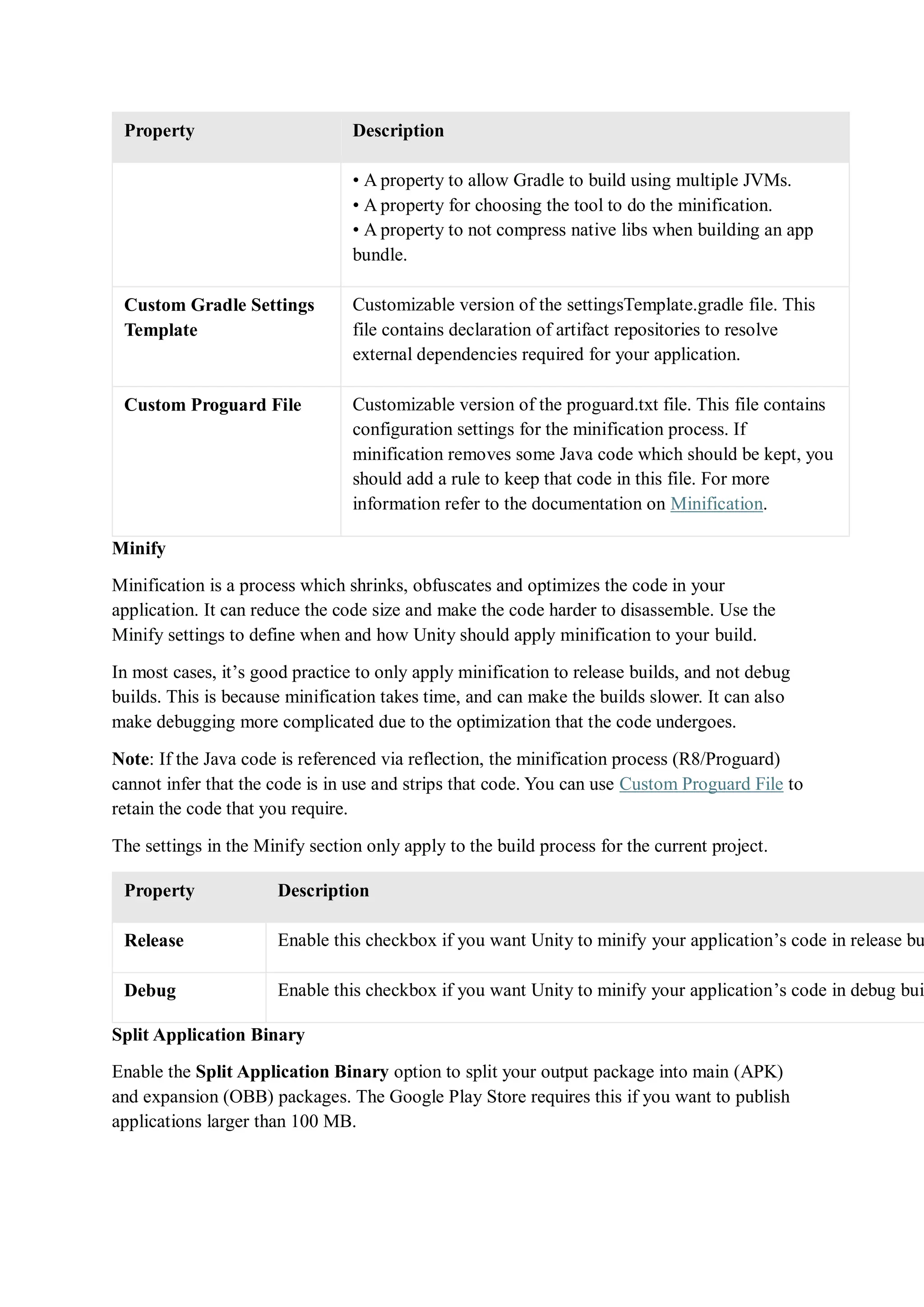 Property Description
• A property to allow Gradle to build using multiple JVMs.
• A property for choosing the tool to do the minification.
• A property to not compress native libs when building an app
bundle.
Custom Gradle Settings
Template
Customizable version of the settingsTemplate.gradle file. This
file contains declaration of artifact repositories to resolve
external dependencies required for your application.
Custom Proguard File Customizable version of the proguard.txt file. This file contains
configuration settings for the minification process. If
minification removes some Java code which should be kept, you
should add a rule to keep that code in this file. For more
information refer to the documentation on Minification.
Minify
Minification is a process which shrinks, obfuscates and optimizes the code in your
application. It can reduce the code size and make the code harder to disassemble. Use the
Minify settings to define when and how Unity should apply minification to your build.
In most cases, it’s good practice to only apply minification to release builds, and not debug
builds. This is because minification takes time, and can make the builds slower. It can also
make debugging more complicated due to the optimization that the code undergoes.
Note: If the Java code is referenced via reflection, the minification process (R8/Proguard)
cannot infer that the code is in use and strips that code. You can use Custom Proguard File to
retain the code that you require.
The settings in the Minify section only apply to the build process for the current project.
Property Description
Release Enable this checkbox if you want Unity to minify your application’s code in release bu
Debug Enable this checkbox if you want Unity to minify your application’s code in debug bui
Split Application Binary
Enable the Split Application Binary option to split your output package into main (APK)
and expansion (OBB) packages. The Google Play Store requires this if you want to publish
applications larger than 100 MB.
 