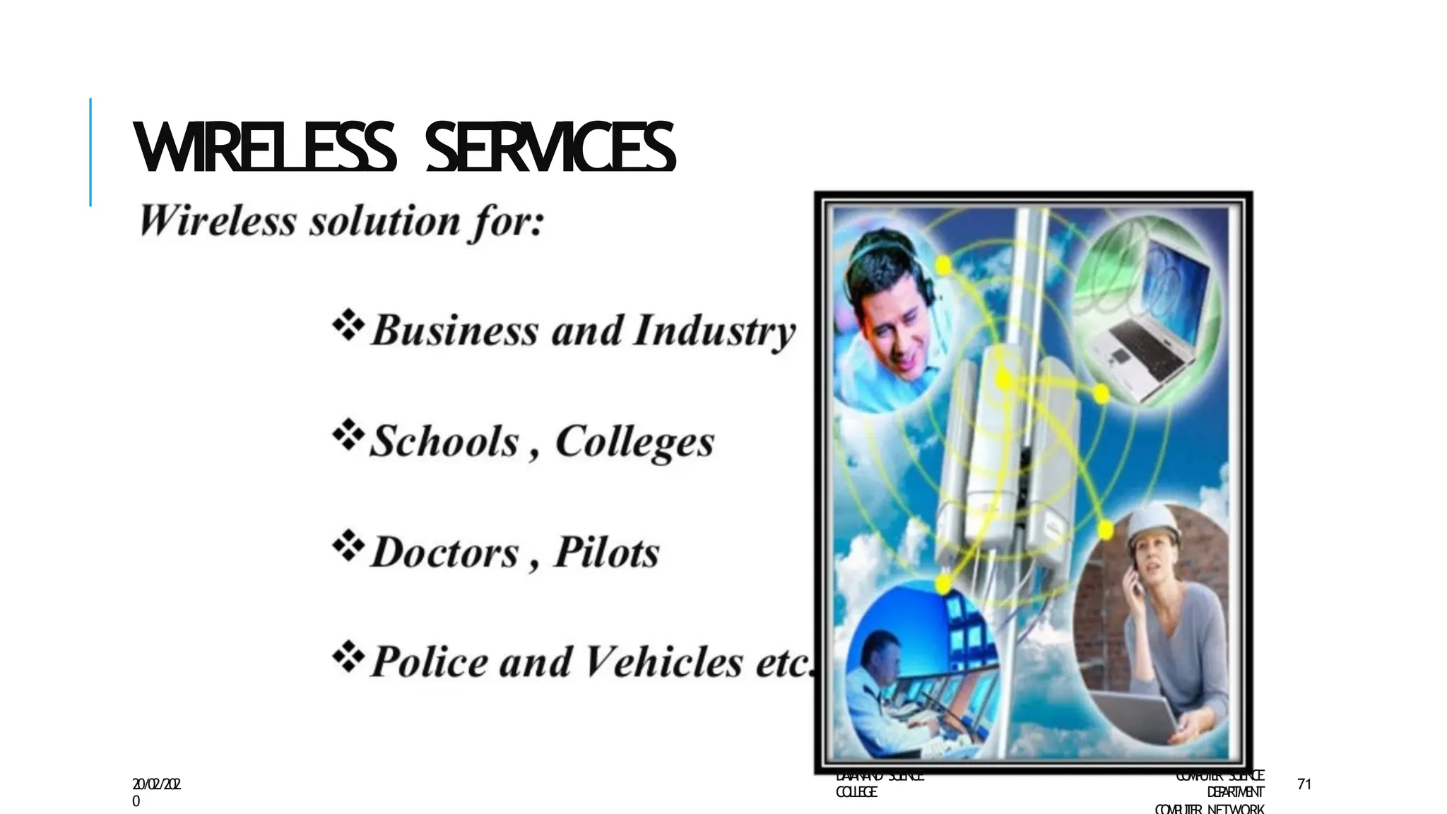 WIRELESS SERVICES
D
A
Y
A
N
A
N
D S
CI
E
N
CE
CO
L
L
E
G
E
C
O
M
P
U
T
E
R S
CIE
N
CE
D
E
P
A
R
T
M
E
N
T
20/02/202
0
71
 