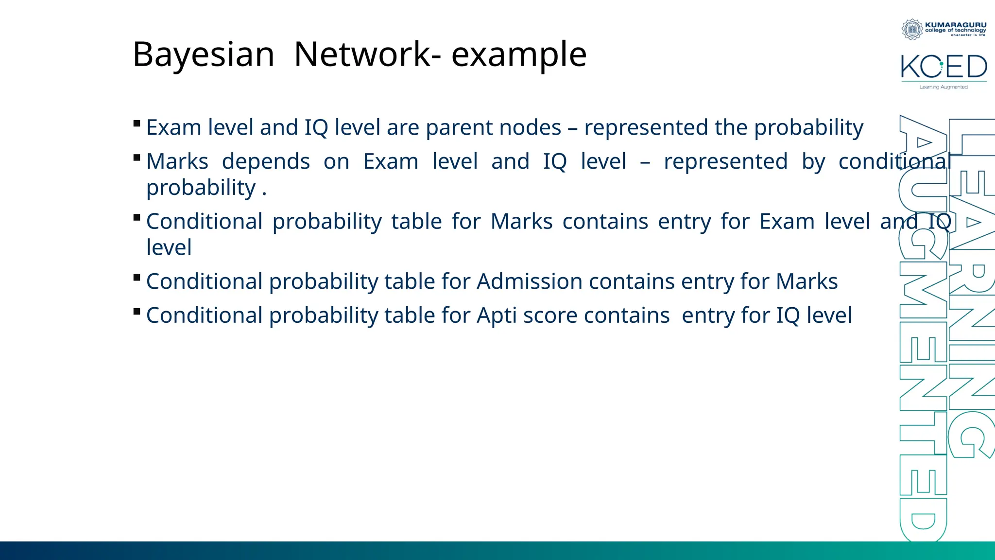 Bayesian Network- example  Exam level and IQ level are parent nodes – represented the probability  Marks depends on Exam level and IQ level – represented by conditional probability .  Conditional probability table for Marks contains entry for Exam level and IQ level  Conditional probability table for Admission contains entry for Marks  Conditional probability table for Apti score contains entry for IQ level 