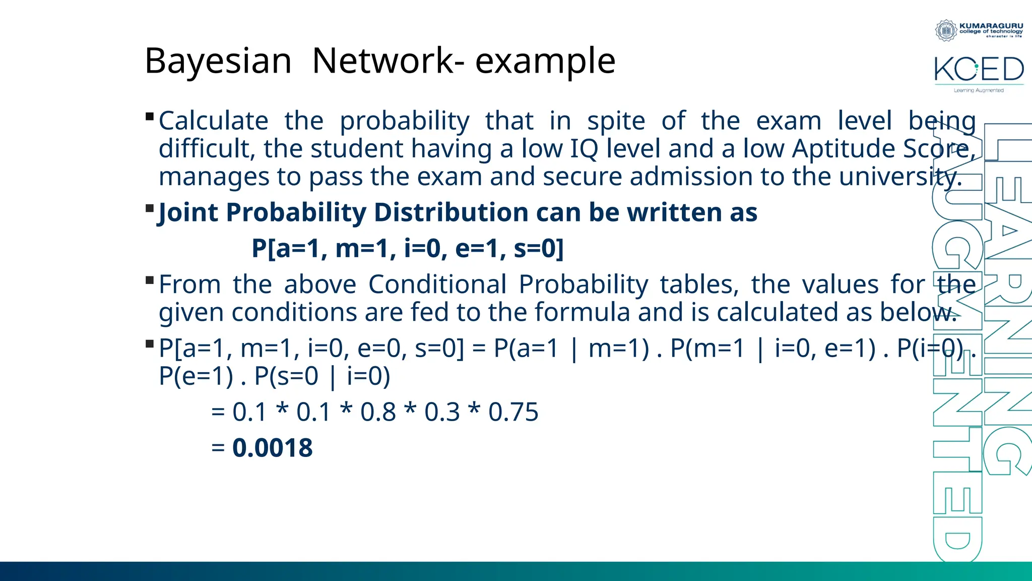 Bayesian Network- example Calculate the probability that in spite of the exam level being difficult, the student having a low IQ level and a low Aptitude Score, manages to pass the exam and secure admission to the university. Joint Probability Distribution can be written as P[a=1, m=1, i=0, e=1, s=0] From the above Conditional Probability tables, the values for the given conditions are fed to the formula and is calculated as below. P[a=1, m=1, i=0, e=0, s=0] = P(a=1 | m=1) . P(m=1 | i=0, e=1) . P(i=0) . P(e=1) . P(s=0 | i=0) = 0.1 * 0.1 * 0.8 * 0.3 * 0.75 = 0.0018 