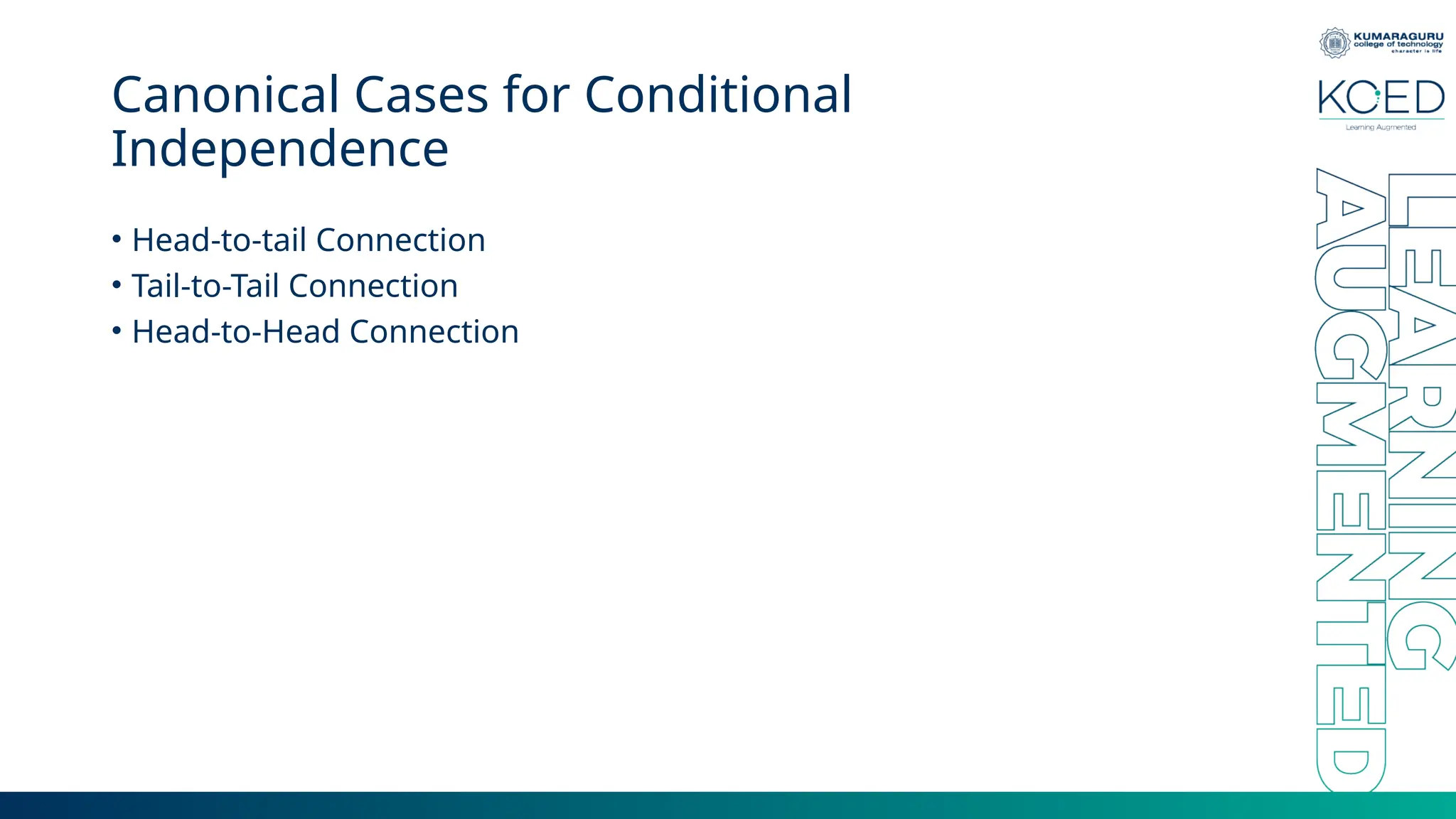 Canonical Cases for Conditional Independence • Head-to-tail Connection • Tail-to-Tail Connection • Head-to-Head Connection 