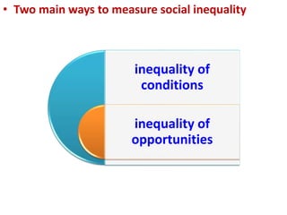 • Two main ways to measure social inequality
inequality of
conditions
inequality of
opportunities
 