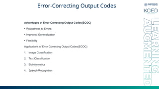 Error-Correcting Output Codes
Advantages of Error Correcting Output Codes(ECOC)
• Robustness to Errors:
• Improved Generalization
• Flexibility
Applications of Error Correcting Output Codes(ECOC)
1. Image Classification
2. Text Classification
3. Bioinformatics
4. Speech Recognition
 
