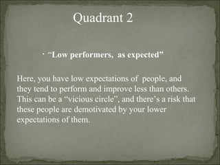   Quadrant 2 “ Low performers,  as expected”   Here, you have low expectations of  people, and they tend to perform and improve less than others. This can be a “vicious circle”, and there’s a risk that these people are demotivated by your lower expectations of them. 