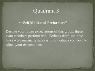 Quadrant 3 “ Self Motivated Performers” Despite your lower expectations of this group, these team members perform well. Perhaps their last three tasks were unusually successful or perhaps you need to adjust your expectations. 