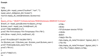 Example
<?php
$global_dbh = mysqli_connect("localhost", "root", "");
mysqli_select_db($global_dbh,"student");
function display_db_table($tablename, $connection)
{
$query_string = "SELECT firstname,lastname FROM $tablename ORDER BY firstname";
$result_id = mysqli_query($connection,$query_string);
$column_count = mysqli_num_fields($result_id);
print("<TABLE BORDER=1>n");
print("<TR><TH>firstname</TH><TH>lastname</TH></TR>");
while ($row = mysqli_fetch_row($result_id))
{
print("<TR ALIGN=LEFT VALIGN=TOP>");
for ($column_num = 0;$column_num < $column_count;$column_num++)
print("<TD>$row[$column_num]</TD>n");
print("</TR>n");
}
print("</TABLE>n");
<HTML>
<HEAD>
<TITLE>student details</TITLE>
</HEAD>
<BODY>
<TABLE><TR><TD>
<?php display_db_table("thirddetai", $global_dbh); ?>
</TD><TD>
<?php display_db_table("thirdyear", $global_dbh); ?>
</TD></TR></TABLE></BODY></HTML>
 