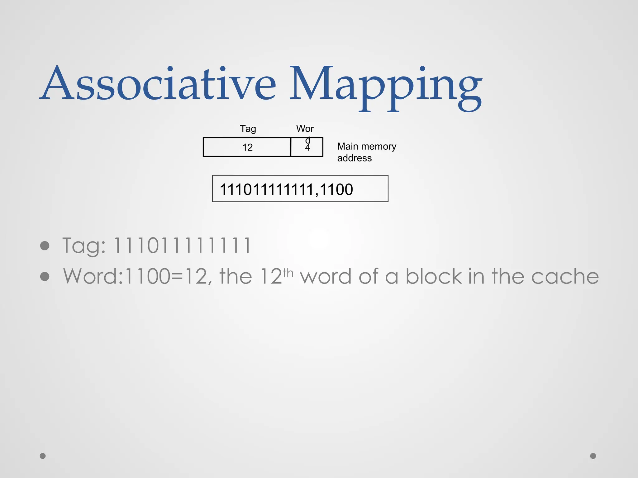 Associative Mapping
● Tag: 111011111111
● Word:1100=12, the 12th
word of a block in the cache
111011111111,1100
4
12 Main memory
address
Tag Wor
d
 