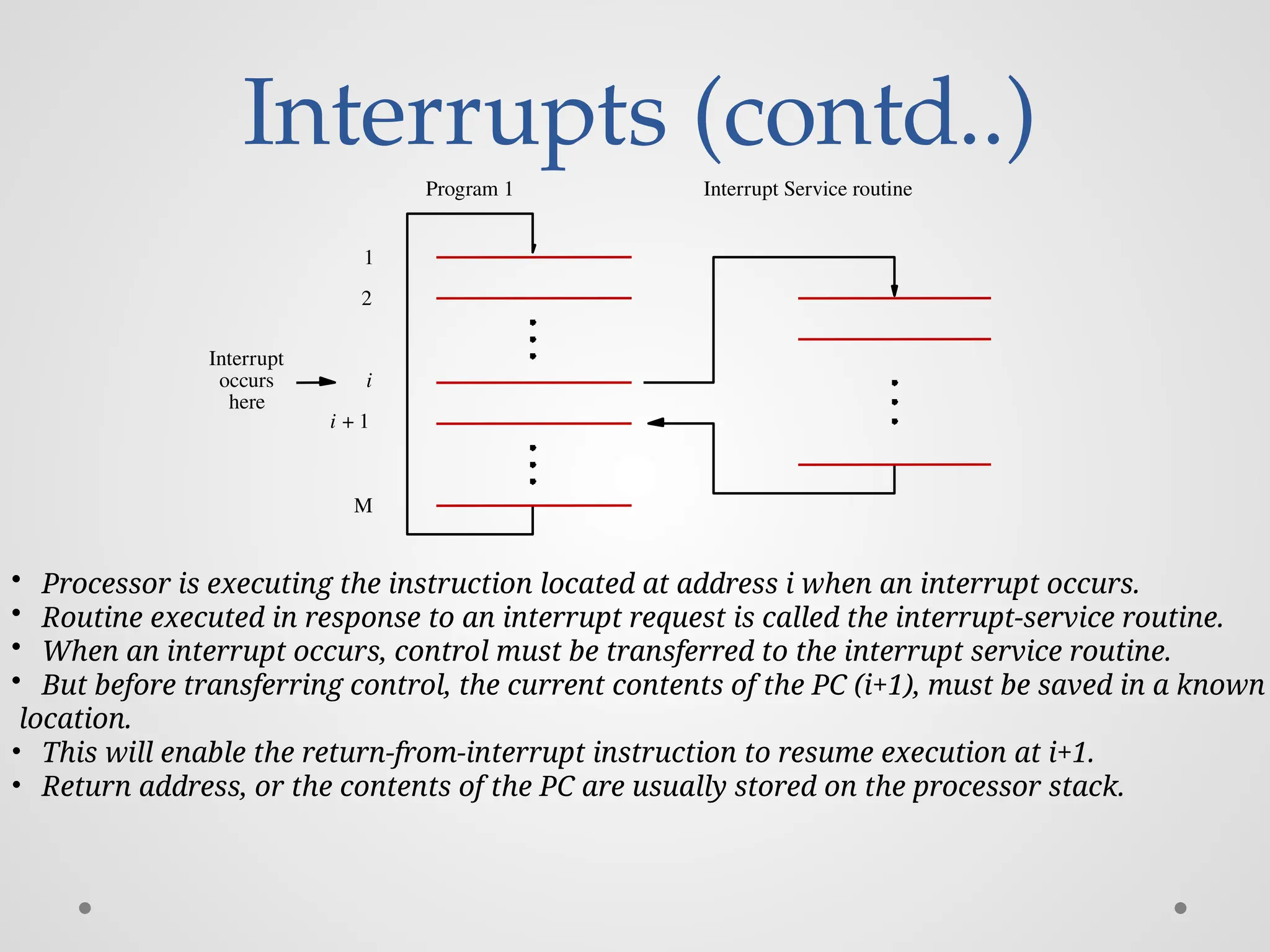 Interrupts (contd..)
Interrupt Service routine
Program 1
here
Interrupt
occurs
M
i
2
1
i 1
+
• Processor is executing the instruction located at address i when an interrupt occurs.
• Routine executed in response to an interrupt request is called the interrupt-service routine.
• When an interrupt occurs, control must be transferred to the interrupt service routine.
• But before transferring control, the current contents of the PC (i+1), must be saved in a known
location.
• This will enable the return-from-interrupt instruction to resume execution at i+1.
• Return address, or the contents of the PC are usually stored on the processor stack.
 