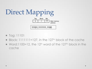 Direct Mapping
● Tag: 11101
● Block: 1111111=127, in the 127th
block of the cache
● Word:1100=12, the 12th
word of the 127th
block in the
cache
7 4 Main memory
address
Tag Block Wor
d
5
11101,1111111,1100
 