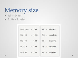 Memory size
● bit – ‘0’ or ‘1’
● 8 bits – 1 byte
 