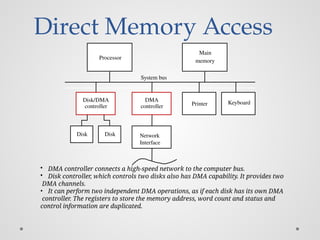 Direct Memory Access
memory
Processor
System bus
Main
Keyboard
Disk/DMA
controller Printer
DMA
controller
Disk
Disk
• DMA controller connects a high-speed network to the computer bus.
• Disk controller, which controls two disks also has DMA capability. It provides two
DMA channels.
• It can perform two independent DMA operations, as if each disk has its own DMA
controller. The registers to store the memory address, word count and status and
control information are duplicated.
Network
Interface
 