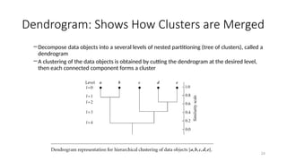 24
Dendrogram: Shows How Clusters are Merged
―Decompose data objects into a several levels of nested partitioning (tree of clusters), called a
dendrogram
―A clustering of the data objects is obtained by cutting the dendrogram at the desired level,
then each connected component forms a cluster
 