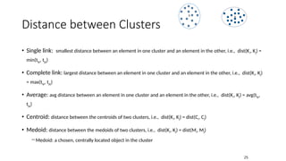 Distance between Clusters
• Single link: smallest distance between an element in one cluster and an element in the other, i.e., dist(Ki, Kj) =
min(tip, tjq)
• Complete link: largest distance between an element in one cluster and an element in the other, i.e., dist(Ki, Kj)
= max(tip, tjq)
• Average: avg distance between an element in one cluster and an element in the other, i.e., dist(Ki, Kj) = avg(tip,
tjq)
• Centroid: distance between the centroids of two clusters, i.e., dist(Ki, Kj) = dist(Ci, Cj)
• Medoid: distance between the medoids of two clusters, i.e., dist(Ki, Kj) = dist(Mi, Mj)
―Medoid: a chosen, centrally located object in the cluster
X X
25
 