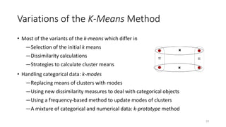 Variations of the K-Means Method
• Most of the variants of the k-means which differ in
―Selection of the initial k means
―Dissimilarity calculations
―Strategies to calculate cluster means
• Handling categorical data: k-modes
―Replacing means of clusters with modes
―Using new dissimilarity measures to deal with categorical objects
―Using a frequency-based method to update modes of clusters
―A mixture of categorical and numerical data: k-prototype method
19
 