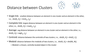 Distance between Clusters
• Single link: smallest distance between an element in one cluster and an element in the other,
i.e., dist(Ki, Kj) = min(tip, tjq)
• Complete link: largest distance between an element in one cluster and an element in the
other, i.e., dist(Ki, Kj) = max(tip, tjq)
• Average: avg distance between an element in one cluster and an element in the other, i.e.,
dist(Ki, Kj) = avg(tip, tjq)
• Centroid: distance between the centroids of two clusters, i.e., dist(Ki, Kj) = dist(Ci, Cj)
• Medoid: distance between the medoids of two clusters, i.e., dist(Ki, Kj) = dist(Mi, Mj)
―Medoid: a chosen, centrally located object in the cluster
X X
31
 
