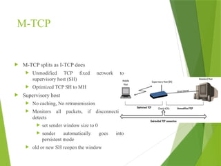 M-TCP
 M-TCP splits as I-TCP does
 Unmodified TCP fixed network to
supervisory host (SH)
 Optimized TCP SH to MH
 Supervisory host
 No caching, No retransmission
 Monitors all packets, if disconnection
detects
 set sender window size to 0
 sender automatically goes into
persistent mode
 old or new SH reopen the window
 