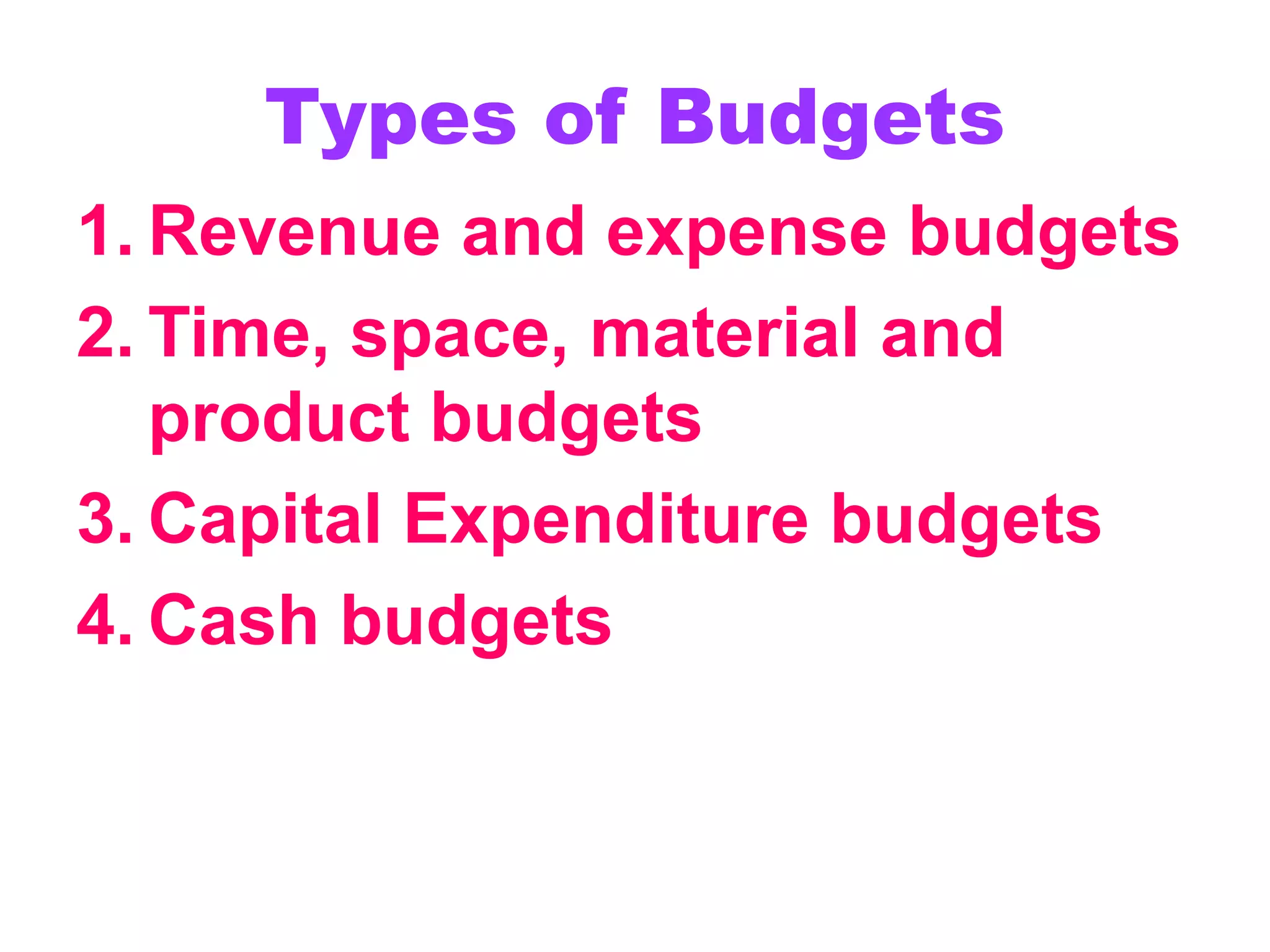 Types of Budgets
1. Revenue and expense budgets
2. Time, space, material and
product budgets
3. Capital Expenditure budgets
4. Cash budgets
 