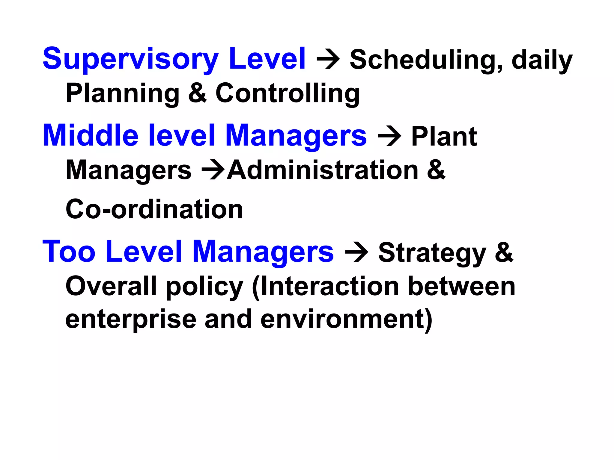 Supervisory Level  Scheduling, daily
Planning & Controlling
Middle level Managers  Plant
Managers Administration &
Co-ordination
Too Level Managers  Strategy &
Overall policy (Interaction between
enterprise and environment)
 