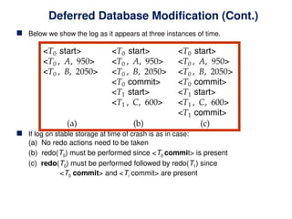 Deferred Database Modification (Cont.)
 Below we show the log as it appears at three instances of time.
 If log on stable storage at time of crash is as in case:
(a) No redo actions need to be taken
(b) redo(T0) must be performed since <T0 commit> is present
(c) redo(T0) must be performed followed by redo(T1) since
<T0 commit> and <Ti commit> are present
 