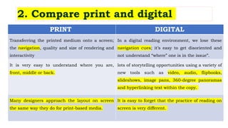 PRINT DIGITAL
Transferring the printed medium onto a screen;
the navigation, quality and size of rendering and
interactivity
In a digital reading environment, we lose these
navigation cues; it’s easy to get disoriented and
not understand “where” one is in the issue”.
It is very easy to understand where you are,
front, middle or back.
lots of storytelling opportunities using a variety of
new tools such as video, audio, flipbooks,
slideshows, image pans, 360-degree panoramas
and hyperlinking text within the copy.
Many designers approach the layout on screen
the same way they do for print-based media.
It is easy to forget that the practice of reading on
screen is very different.
2. Compare print and digital
 