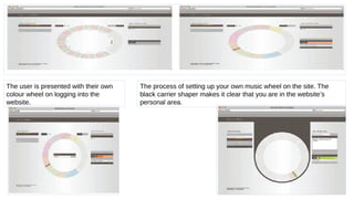 The user is presented with their own
colour wheel on logging into the
website.
The process of setting up your own music wheel on the site. The
black carrier shaper makes it clear that you are in the website’s
personal area.
 