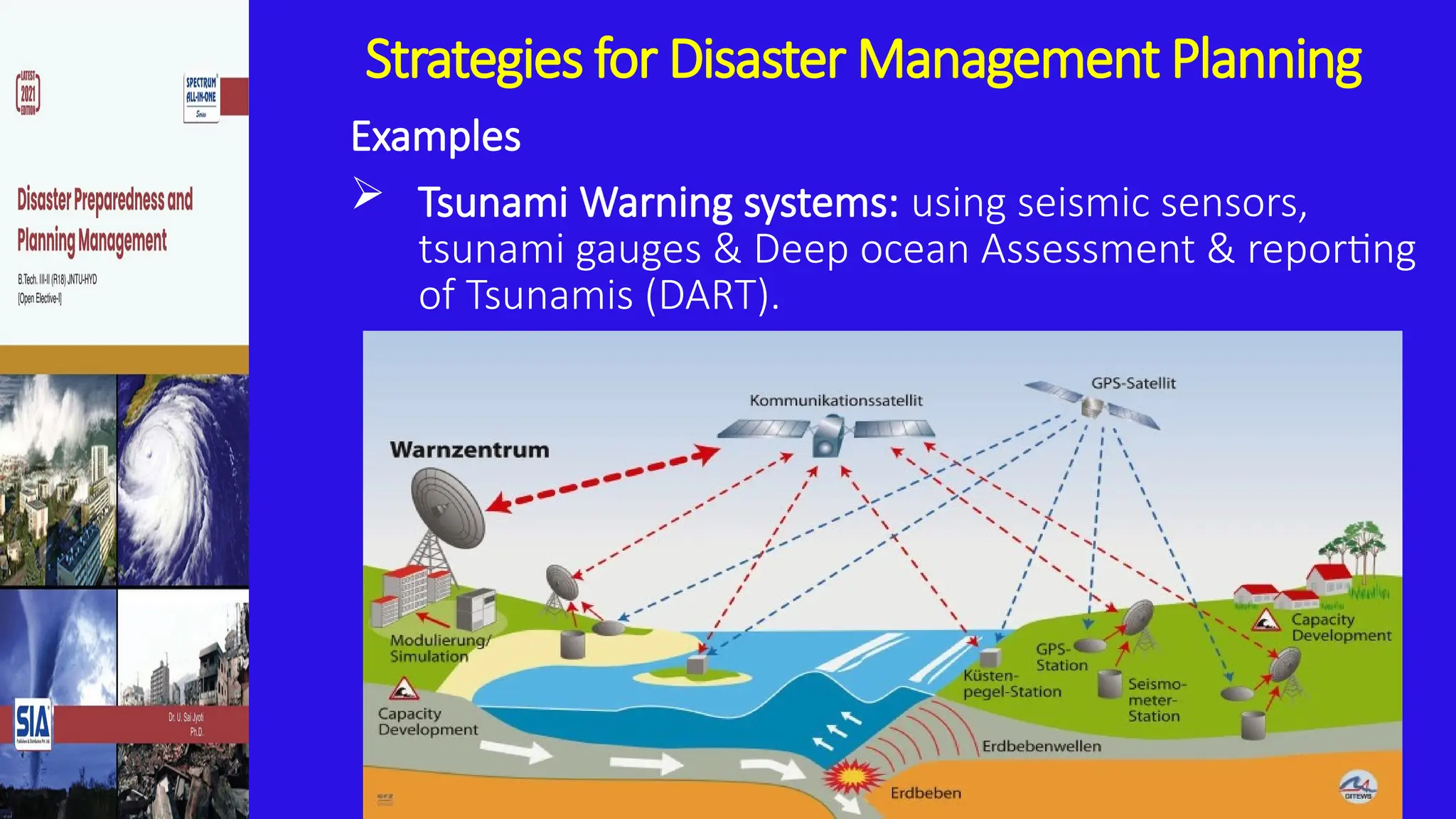 Strategies for Disaster Management Planning
Examples
 Tsunami Warning systems: using seismic sensors,
tsunami gauges & Deep ocean Assessment & reporting
of Tsunamis (DART).
 