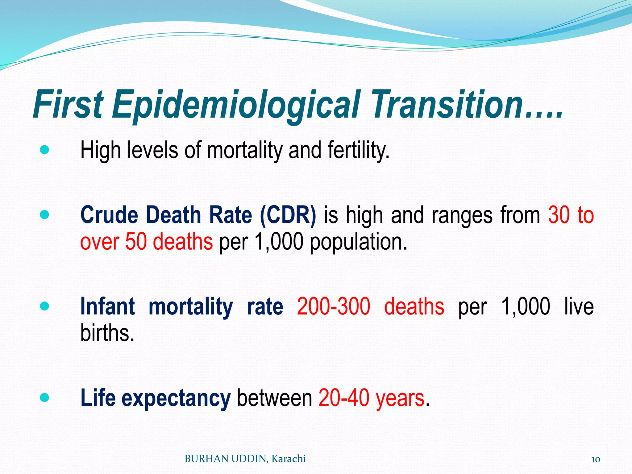 First Epidemiological Transition….
 High levels of mortality and fertility.
 Crude Death Rate (CDR) is high and ranges from 30 to
over 50 deaths per 1,000 population.
 Infant mortality rate 200-300 deaths per 1,000 live
births.
 Life expectancy between 20-40 years.
BURHAN UDDIN, Karachi 10
 