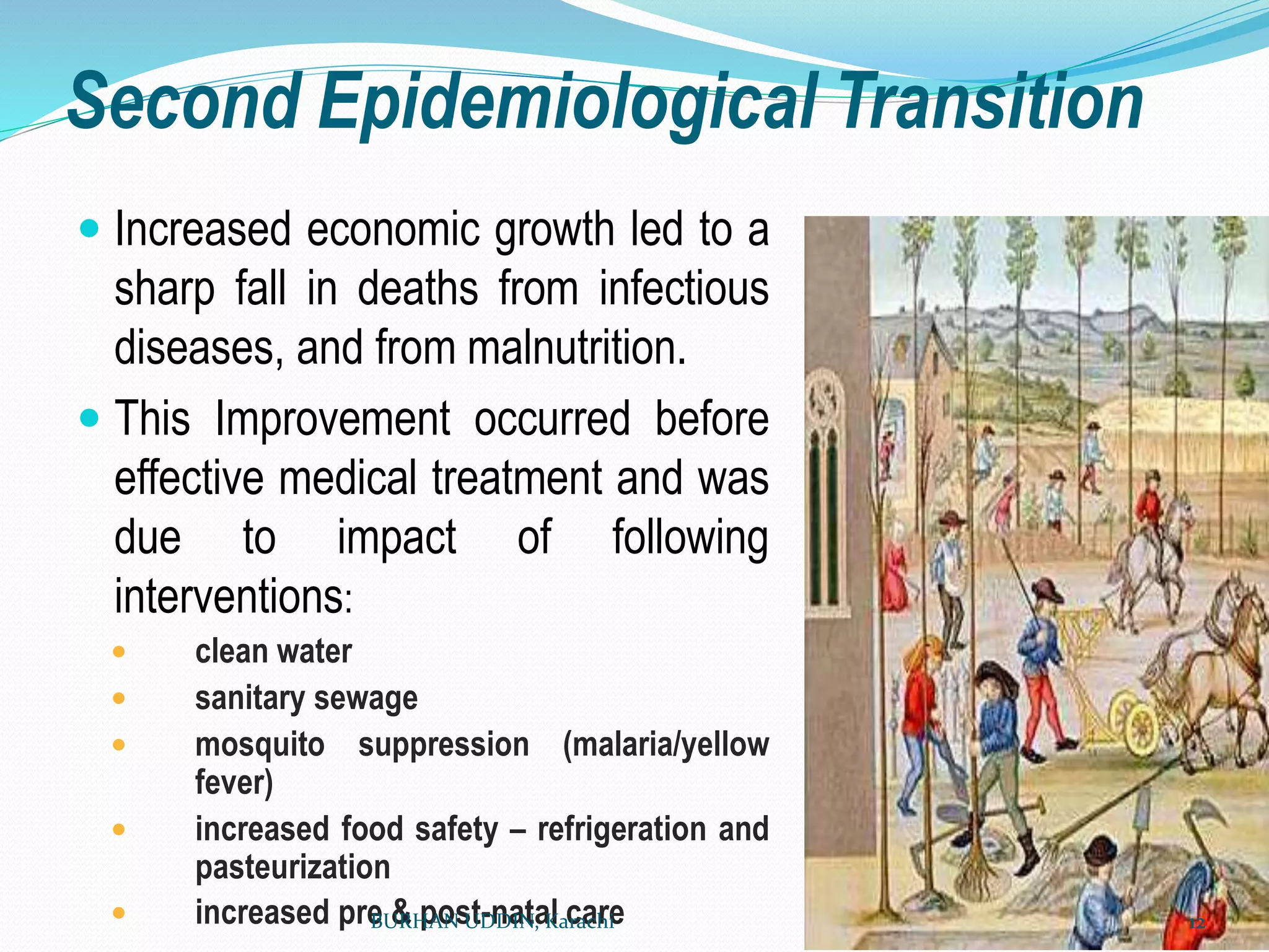 Second Epidemiological Transition
 Increased economic growth led to a
sharp fall in deaths from infectious
diseases, and from malnutrition.
 This Improvement occurred before
effective medical treatment and was
due to impact of following
interventions:
 clean water
 sanitary sewage
 mosquito suppression (malaria/yellow
fever)
 increased food safety – refrigeration and
pasteurization
 increased pre & post-natal care
BURHAN UDDIN, Karachi 12
 
