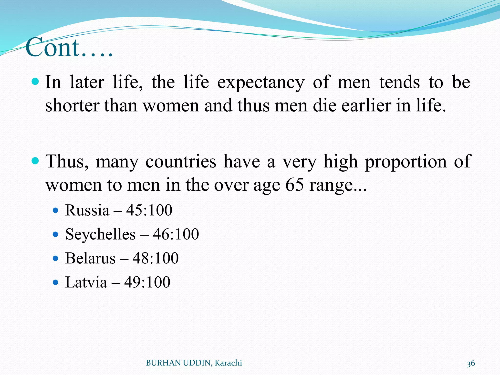 Cont….
 In later life, the life expectancy of men tends to be
shorter than women and thus men die earlier in life.
 Thus, many countries have a very high proportion of
women to men in the over age 65 range...
 Russia – 45:100
 Seychelles – 46:100
 Belarus – 48:100
 Latvia – 49:100
BURHAN UDDIN, Karachi 36
 