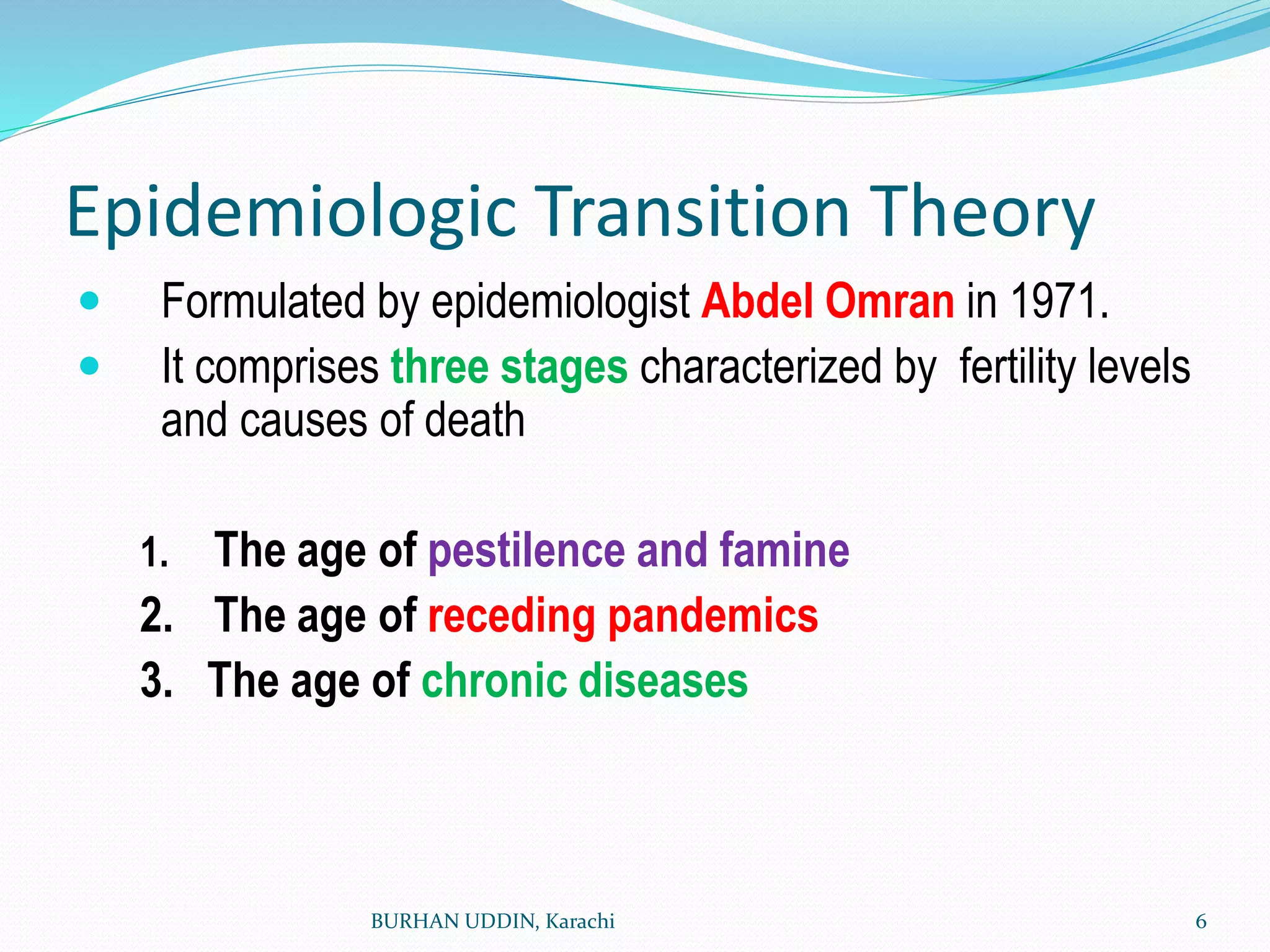 Epidemiologic Transition Theory
 Formulated by epidemiologist Abdel Omran in 1971.
 It comprises three stages characterized by fertility levels
and causes of death
1. The age of pestilence and famine
2. The age of receding pandemics
3. The age of chronic diseases
BURHAN UDDIN, Karachi 6
 
