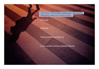 ALÉM DISTO, PRECISAMOS TRABALHAR 5 REALIDADES 
DIFERENTES PARA ESTE MESMO PERFIL: 
1) Aracaju 
2) Maceió 
3) Nossa Senhora do Socorro 
4 e 5) Grandes Centros e Cidades Menores 
 
