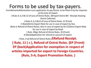 Forms to be used by tax-payers.
FormRemarksADeclaration-cum-application to pay Octroi, to be filled in by the importer
at the time of import.
( Rules 4, 6, 8 & 12 of Levy of Octroi Rules. )BImport Octroi Bill - Receipt showing
Octroi Collected.
( Rules 4, 6, 8 &12 of Levy of Octroi Rules. )C (Front)
C (Back)Octroi Export Note for use in case of export by Sea.
(Rule 4, Refund of Octroi Rules). Also in case of export by Air.CCOctroi Export Note
for use in case of export by Road.
( Rule, 29(g), Refund of Octroi Rules. )D (Front)
D (Back)Application for refund on account of export.
( Rule, II (a) Refund of Octroi Rules.)ERefund Receipt.
[ Rule, 11 ( c ), Refund of Octroi Rules. ]EP (Front)
EP (back)Application for exemption in respect of
articles imported for export to Foreign Countries.
(Rule, 5-A, Export Promotion Rules. )
 