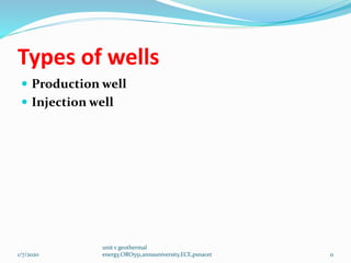 Types of wells
 Production well
 Injection well
1/7/2020
unit v geothermal
energy,ORO551,annauniversity,ECE,psnacet 11
 