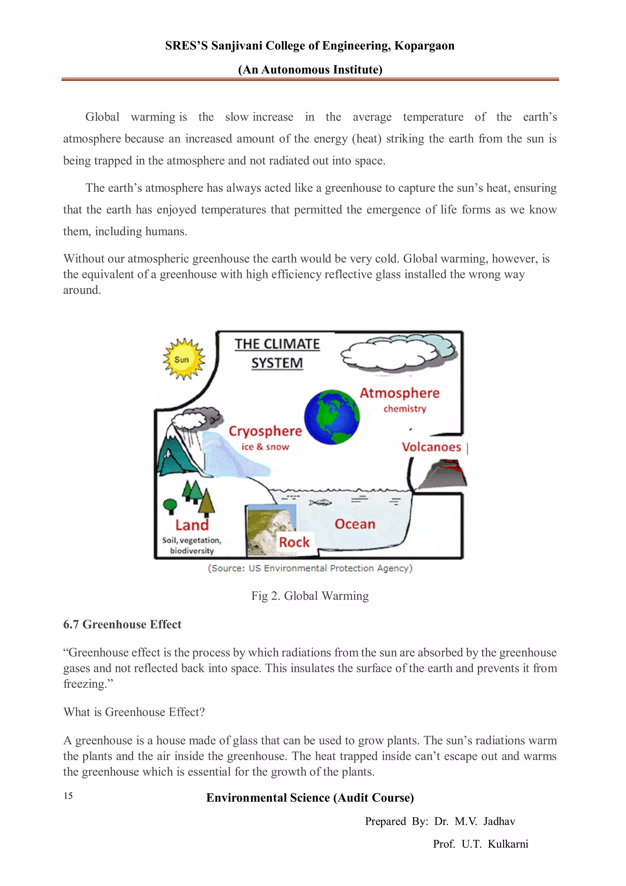 SRES’S Sanjivani College of Engineering, Kopargaon
(An Autonomous Institute)
Environmental Science (Audit Course)
Prepared By: Dr. M.V. Jadhav
Prof. U.T. Kulkarni
15
Global warming is the slow increase in the average temperature of the earth’s
atmosphere because an increased amount of the energy (heat) striking the earth from the sun is
being trapped in the atmosphere and not radiated out into space.
The earth’s atmosphere has always acted like a greenhouse to capture the sun’s heat, ensuring
that the earth has enjoyed temperatures that permitted the emergence of life forms as we know
them, including humans.
Without our atmospheric greenhouse the earth would be very cold. Global warming, however, is
the equivalent of a greenhouse with high efficiency reflective glass installed the wrong way
around.
Fig 2. Global Warming
6.7 Greenhouse Effect
“Greenhouse effect is the process by which radiations from the sun are absorbed by the greenhouse
gases and not reflected back into space. This insulates the surface of the earth and prevents it from
freezing.”
What is Greenhouse Effect?
A greenhouse is a house made of glass that can be used to grow plants. The sun’s radiations warm
the plants and the air inside the greenhouse. The heat trapped inside can’t escape out and warms
the greenhouse which is essential for the growth of the plants.
 