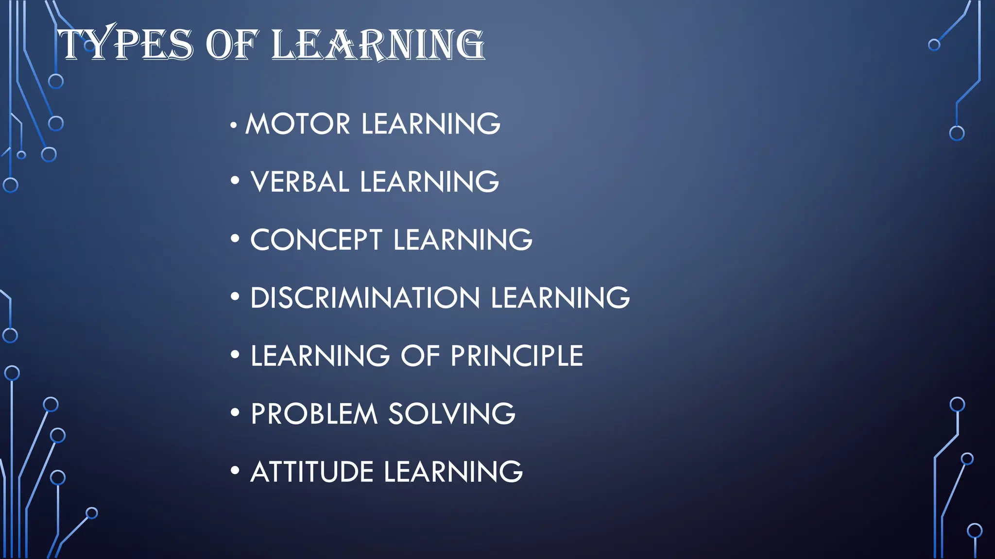 TYPES OF LEARNING
• MOTOR LEARNING
• VERBAL LEARNING
• CONCEPT LEARNING
• DISCRIMINATION LEARNING
• LEARNING OF PRINCIPLE
• PROBLEM SOLVING
• ATTITUDE LEARNING
 