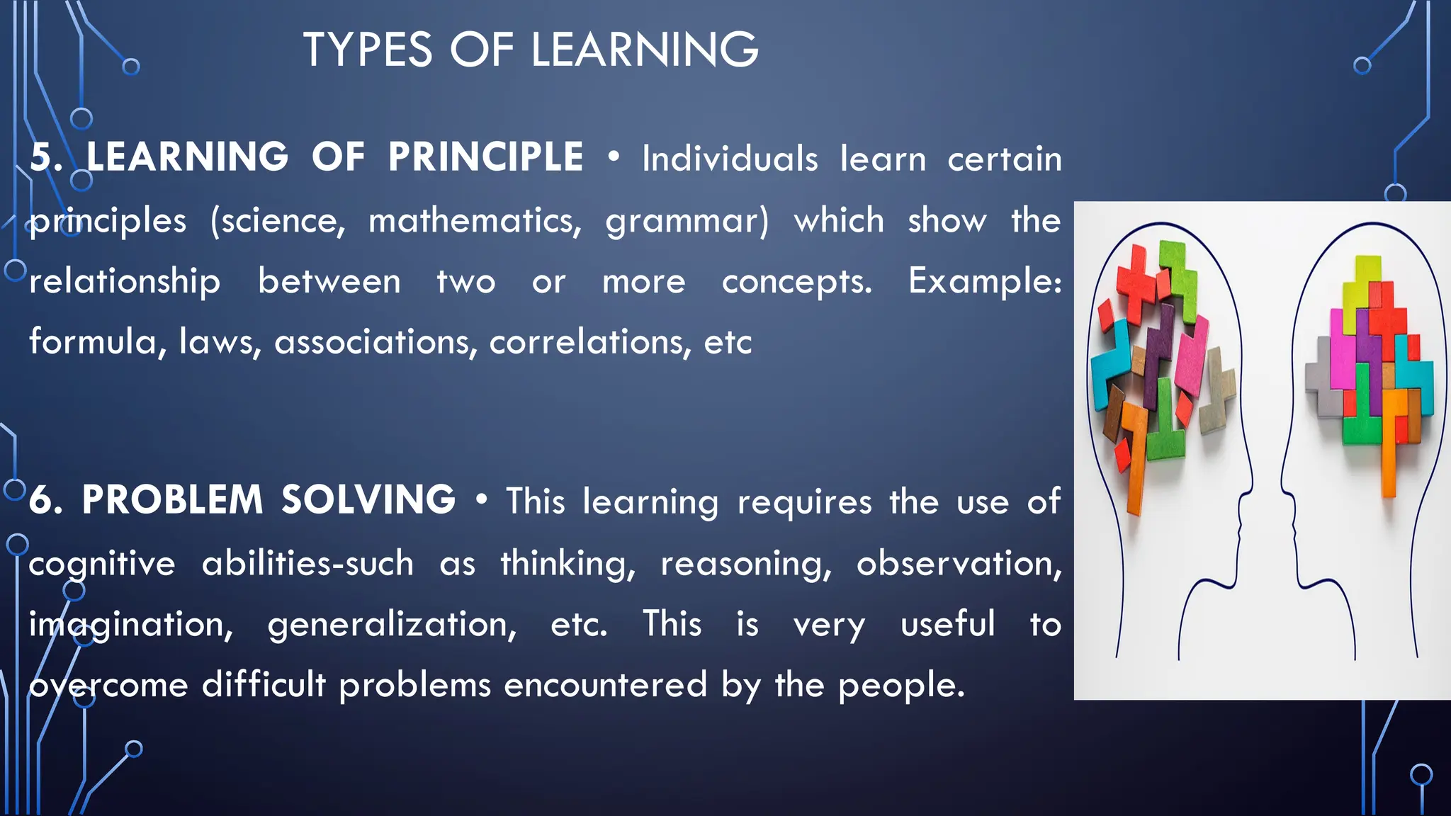 TYPES OF LEARNING
5. LEARNING OF PRINCIPLE • Individuals learn certain
principles (science, mathematics, grammar) which show the
relationship between two or more concepts. Example:
formula, laws, associations, correlations, etc
6. PROBLEM SOLVING • This learning requires the use of
cognitive abilities-such as thinking, reasoning, observation,
imagination, generalization, etc. This is very useful to
overcome difficult problems encountered by the people.
 