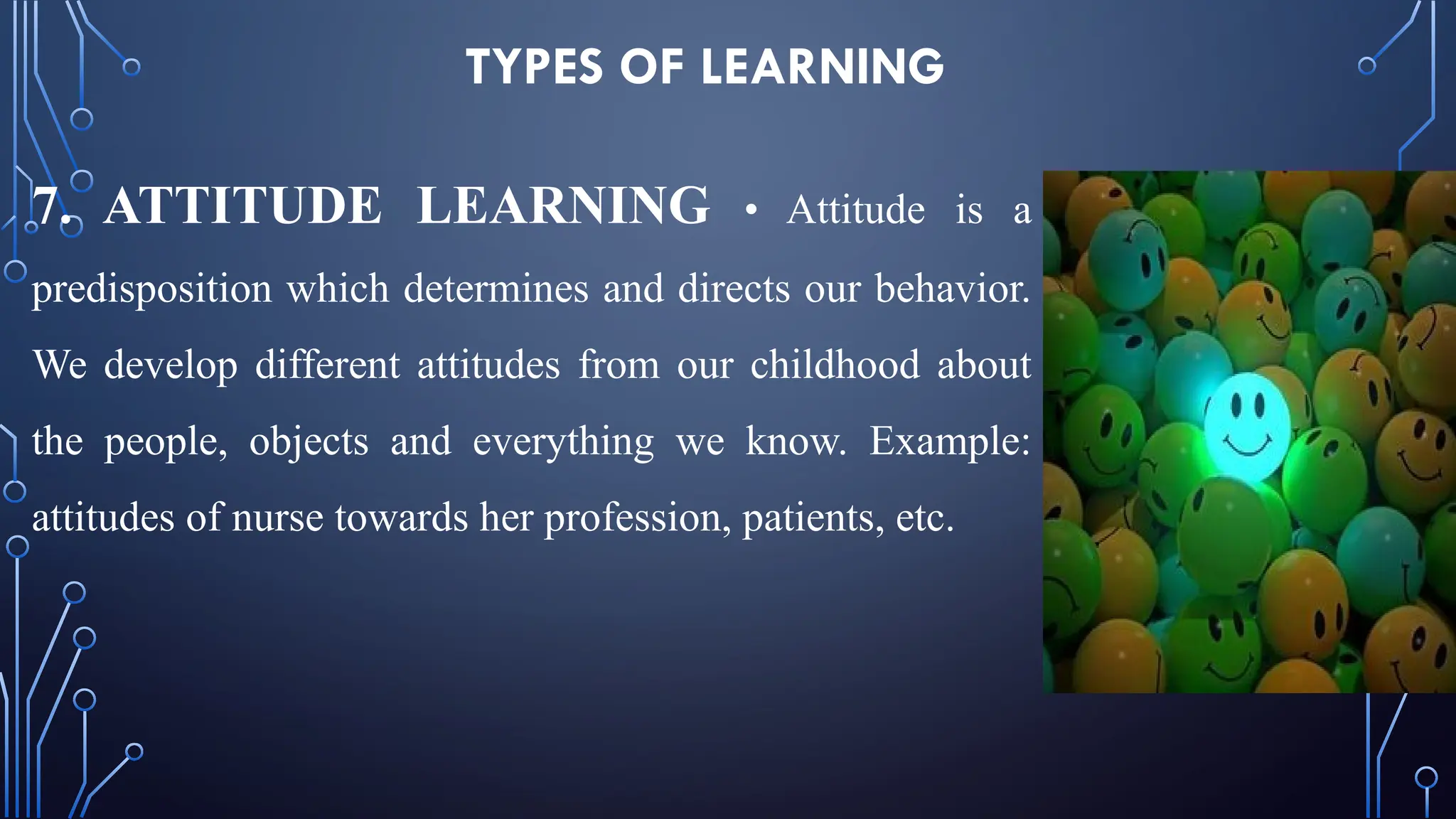 TYPES OF LEARNING
7. ATTITUDE LEARNING • Attitude is a
predisposition which determines and directs our behavior.
We develop different attitudes from our childhood about
the people, objects and everything we know. Example:
attitudes of nurse towards her profession, patients, etc.
 