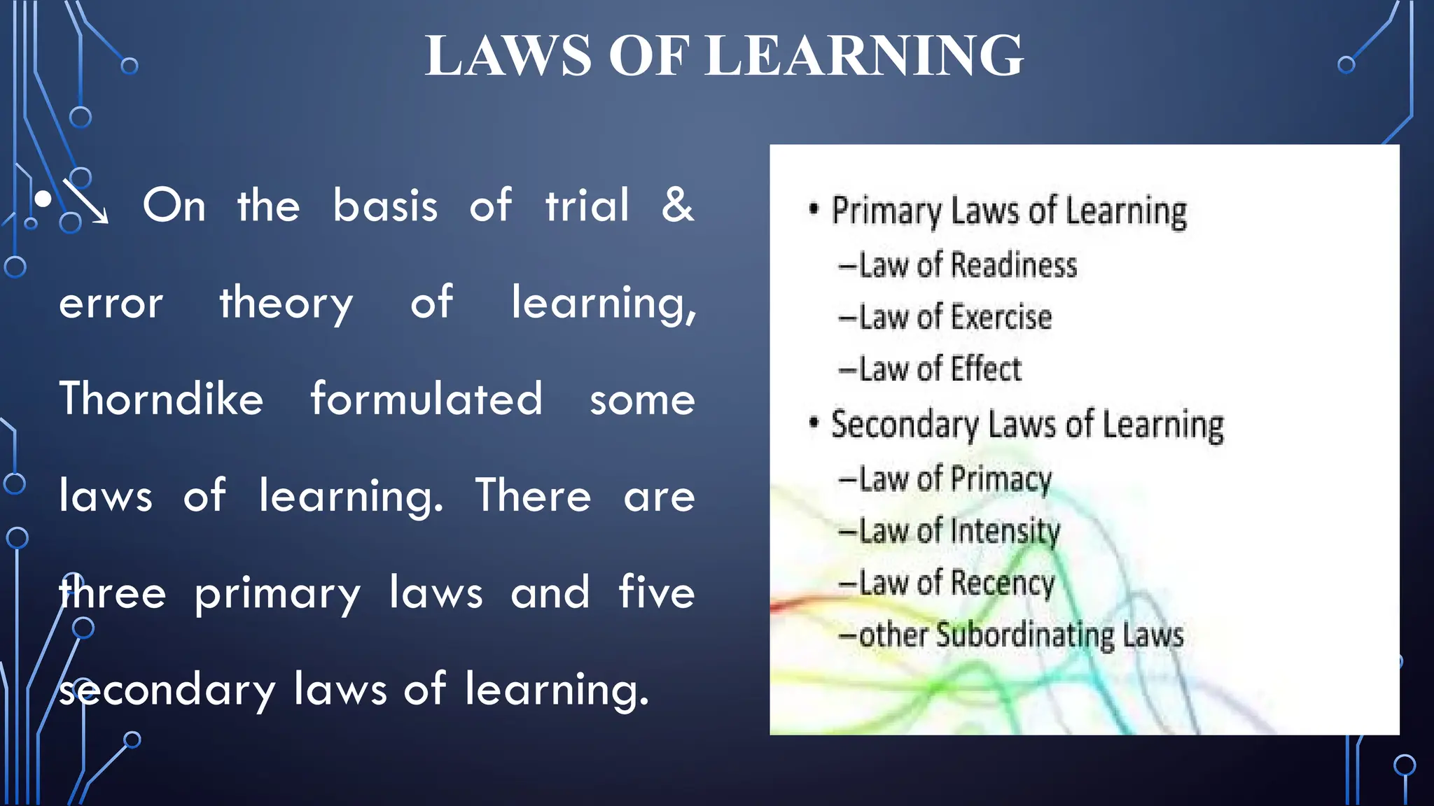 LAWS OF LEARNING
• On the basis of trial &
error theory of learning,
Thorndike formulated some
laws of learning. There are
three primary laws and five
secondary laws of learning.
 