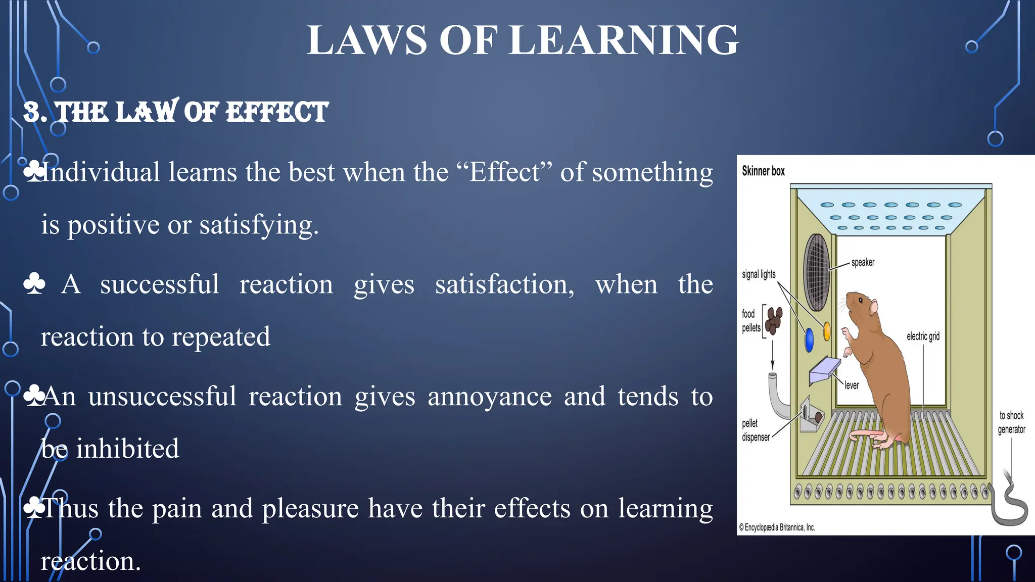 LAWS OF LEARNING
3. THE LAW OF EFFECT
♣Individual learns the best when the “Effect” of something
is positive or satisfying.
♣ A successful reaction gives satisfaction, when the
reaction to repeated
♣An unsuccessful reaction gives annoyance and tends to
be inhibited
♣Thus the pain and pleasure have their effects on learning
reaction.
 