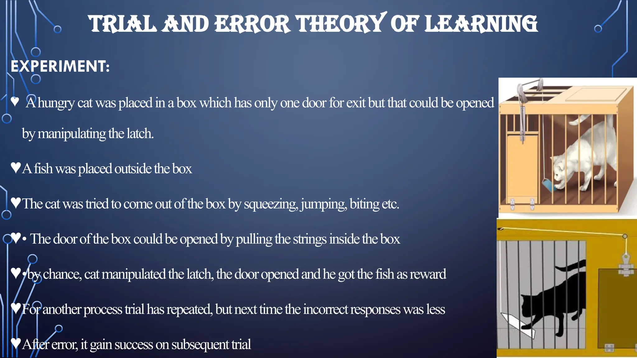 TRIAL AND ERROR THEORY OF LEARNING
EXPERIMENT:
♥ Ahungrycatwasplacedinaboxwhichhasonlyonedoorforexitbutthatcouldbeopened
bymanipulatingthelatch.
♥Afishwasplacedoutsidethebox
♥Thecatwastriedtocomeoutoftheboxbysqueezing,jumping,bitingetc.
♥• Thedooroftheboxcouldbeopenedbypullingthestringsinsidethebox
♥•bychance,catmanipulatedthelatch,thedooropenedandhegotthefishasreward
♥Foranotherprocesstrialhasrepeated,butnexttimetheincorrectresponseswasless
♥Aftererror,itgainsuccessonsubsequenttrial
 