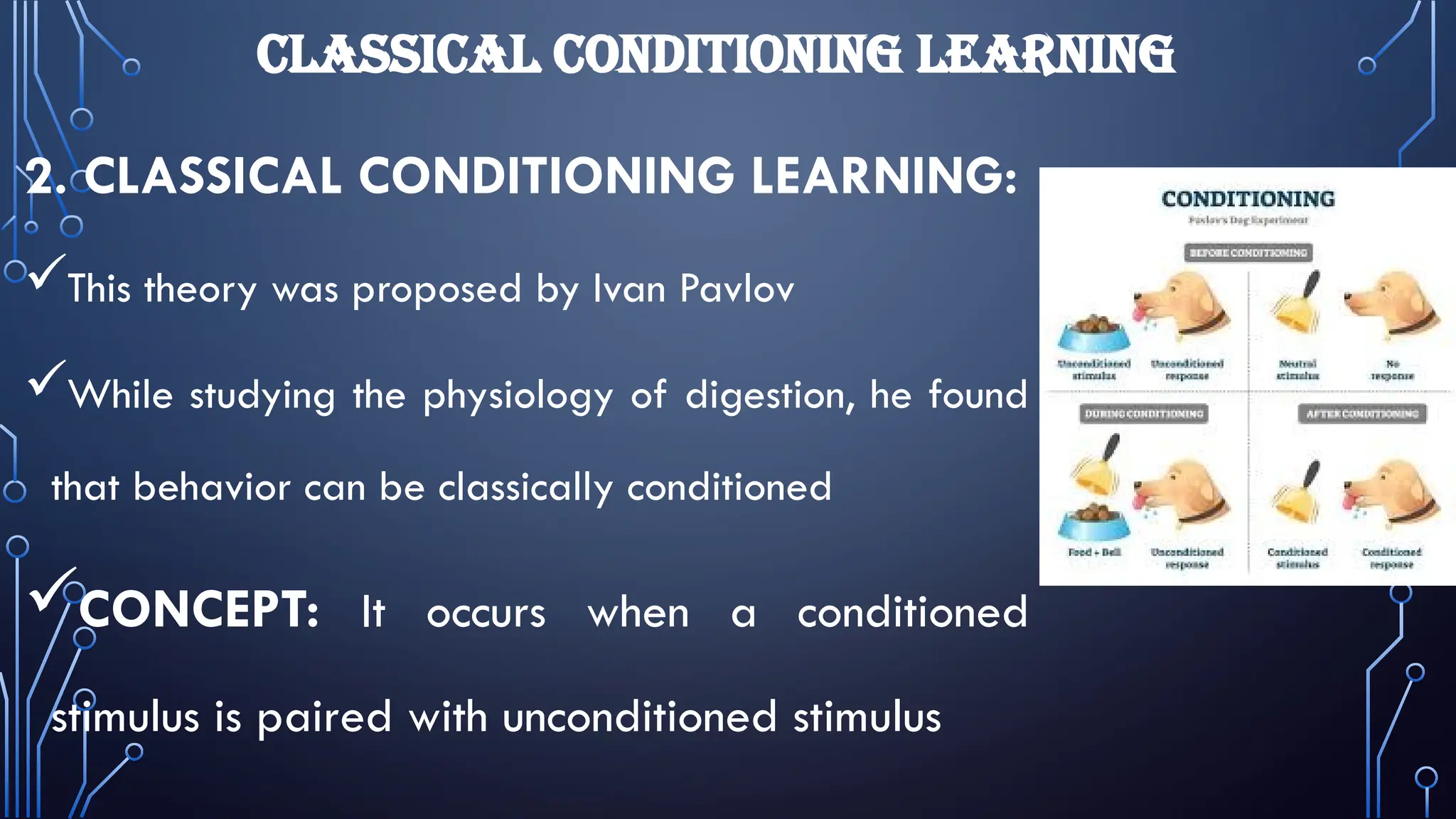 CLASSICAL CONDITIONING LEARNING
2. CLASSICAL CONDITIONING LEARNING:
This theory was proposed by Ivan Pavlov
While studying the physiology of digestion, he found
that behavior can be classically conditioned
CONCEPT: It occurs when a conditioned
stimulus is paired with unconditioned stimulus
 