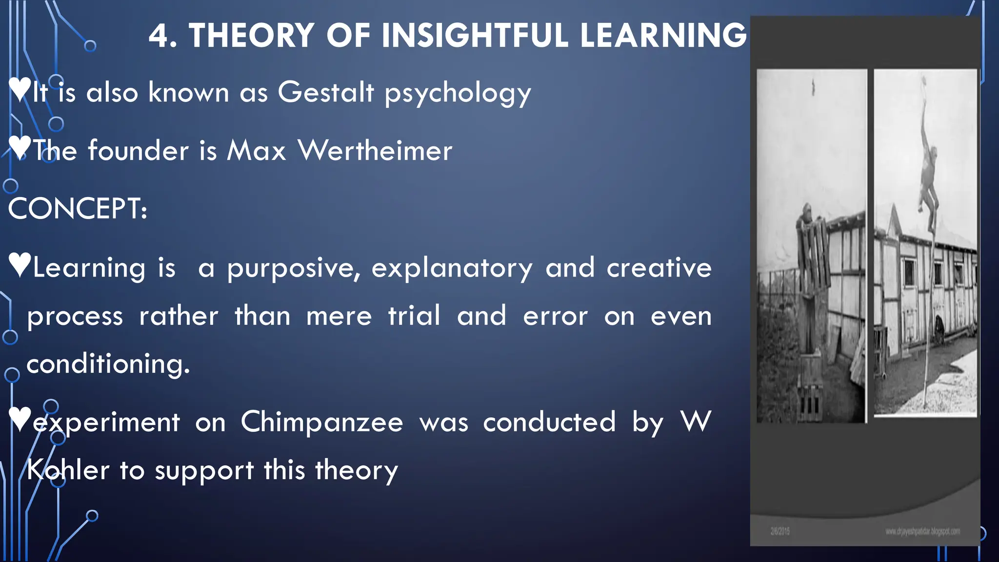 4. THEORY OF INSIGHTFUL LEARNING
♥It is also known as Gestalt psychology
♥The founder is Max Wertheimer
CONCEPT:
♥Learning is a purposive, explanatory and creative
process rather than mere trial and error on even
conditioning.
♥experiment on Chimpanzee was conducted by W
Kohler to support this theory
 
